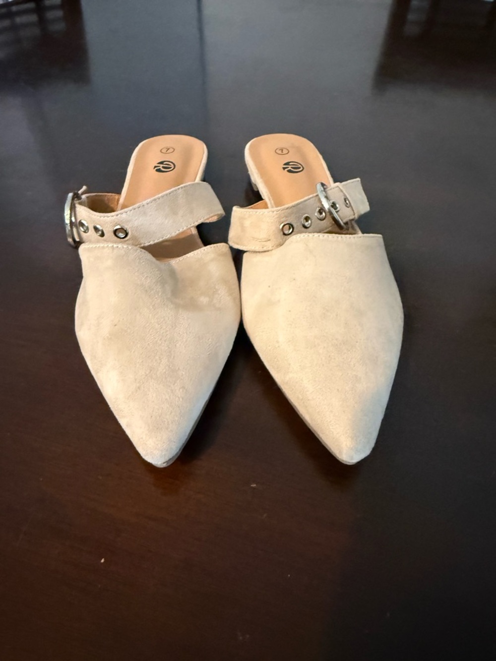 Pointed Slip-On Mule with Buckle Strap in Tan Size 7